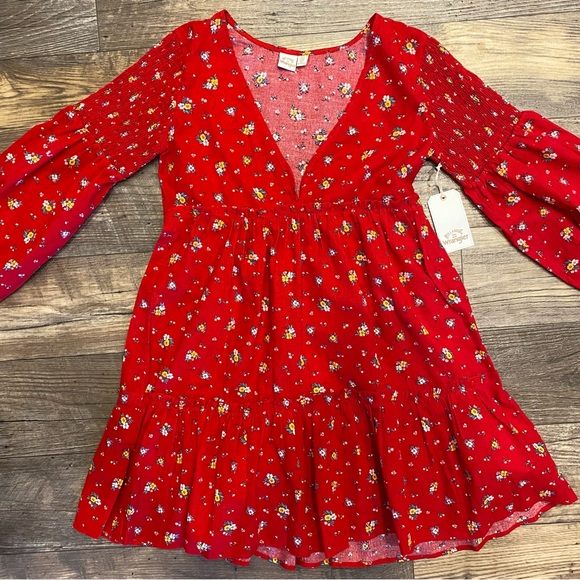 Billabong x Wrangler Falling for You Floral V-Neck Red Long Sleeve Mini Dress - Picture 6 of 16